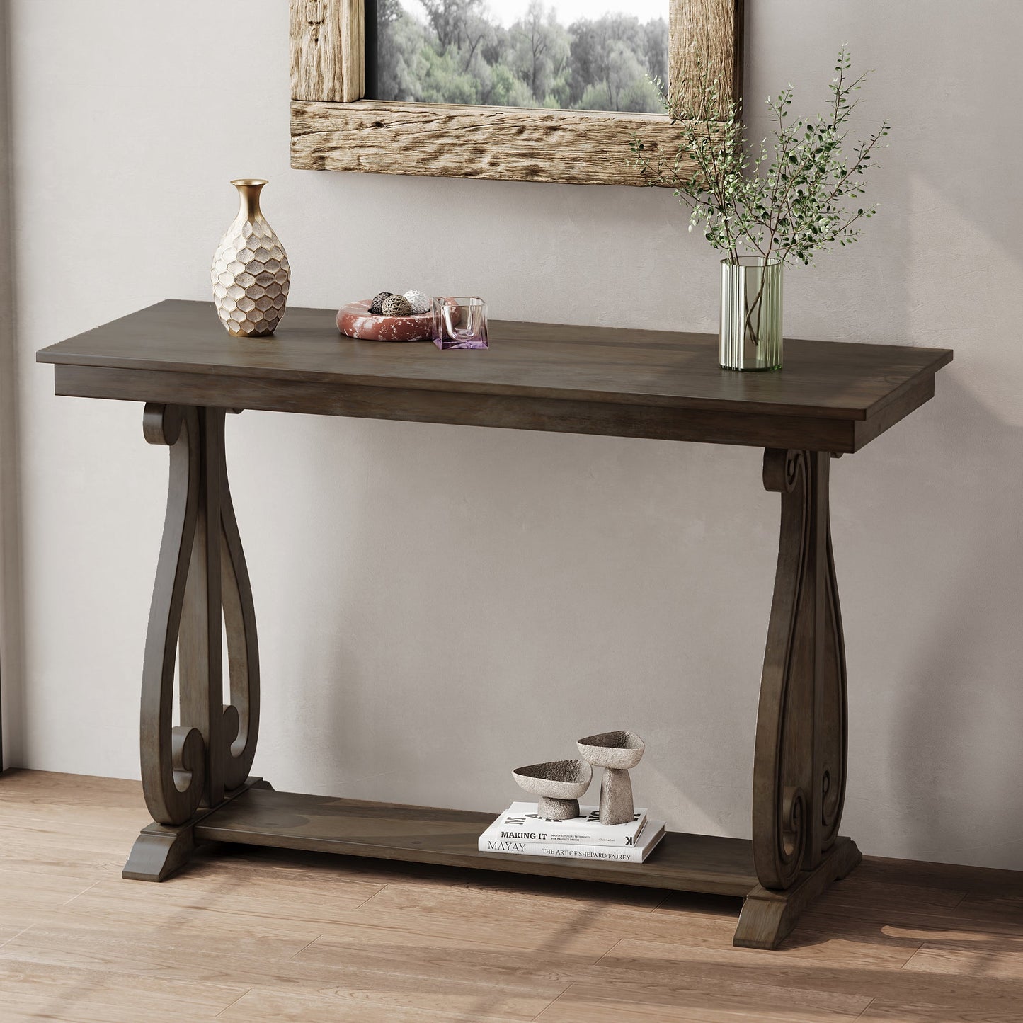 48-Inch Rustic Vintage Console Table --- Farmhouse Style Entryway Table with Open Shelf and Sturdy Construction (Walnut) - Korvel
