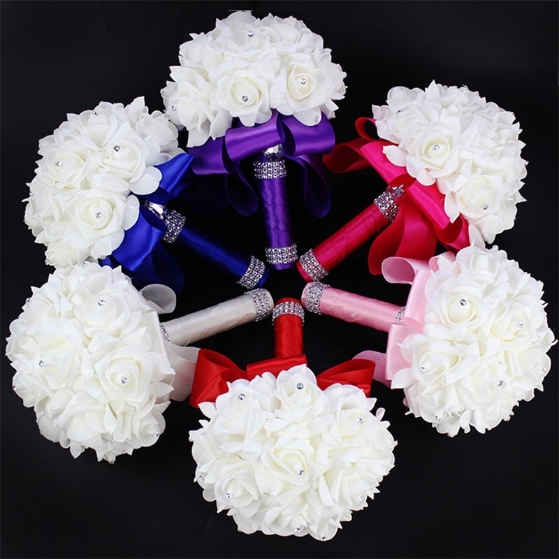 White Ivory Bridal Bridesmaid Flower Wedding Bouquet Artificial Flower Rose Bouquet Crystal Bridal Bouquets - Korvel
