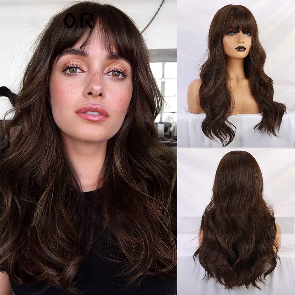 Natural Long Curly Hair Wig with Bangs - Black Brown