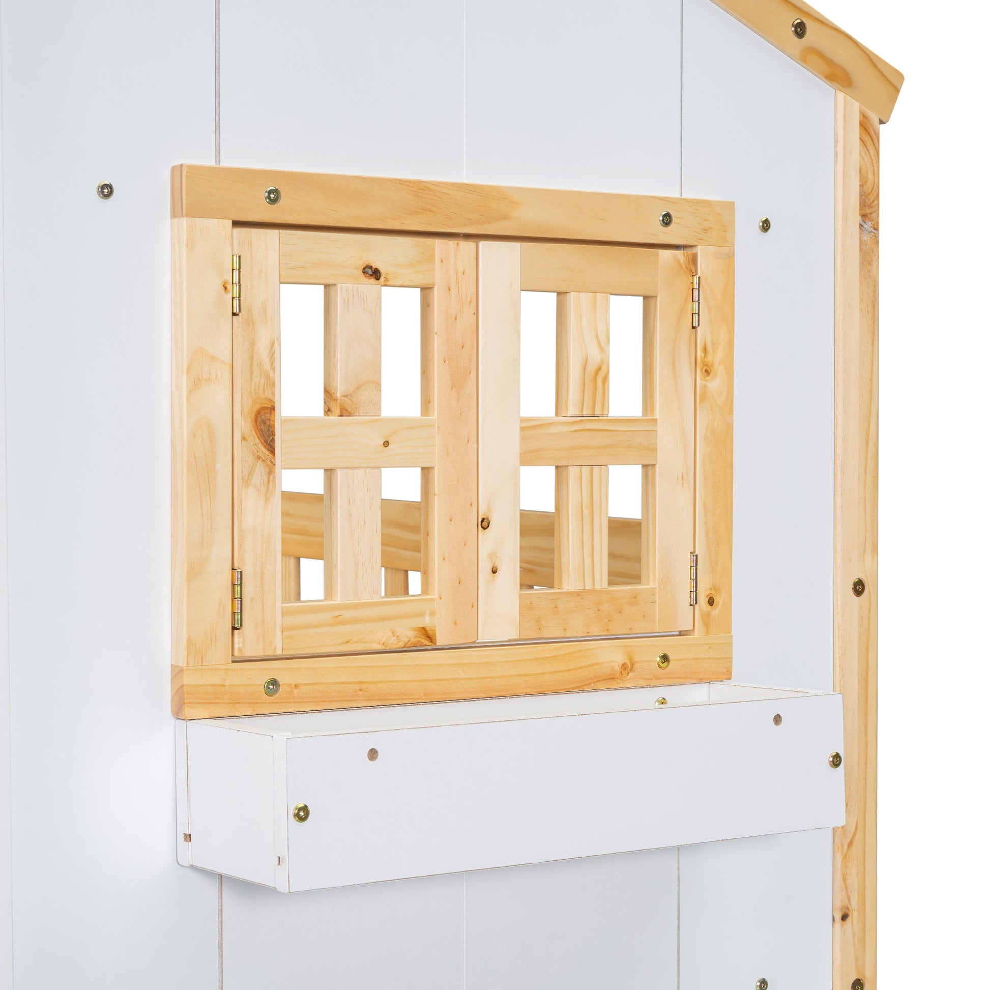 Twin over Twin House Bunk Bed with Roof , Window, Window Box, Door , with Safety Guardrails and Ladder, Natural/White - Korvel