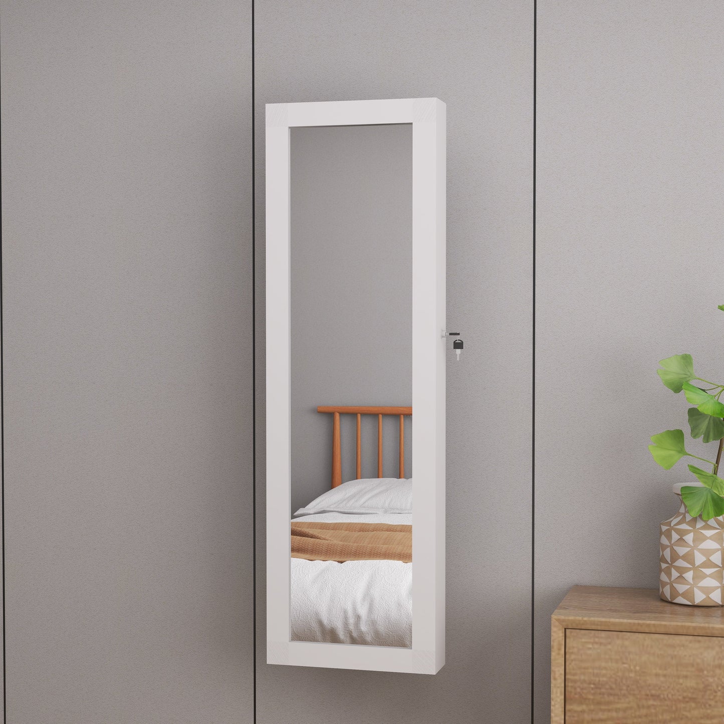 Mirror jewelry cabinet, 47.2-inch large capacity lockable jewelry organizer, wall mounted mirror, with white jewelry storage - Korvel