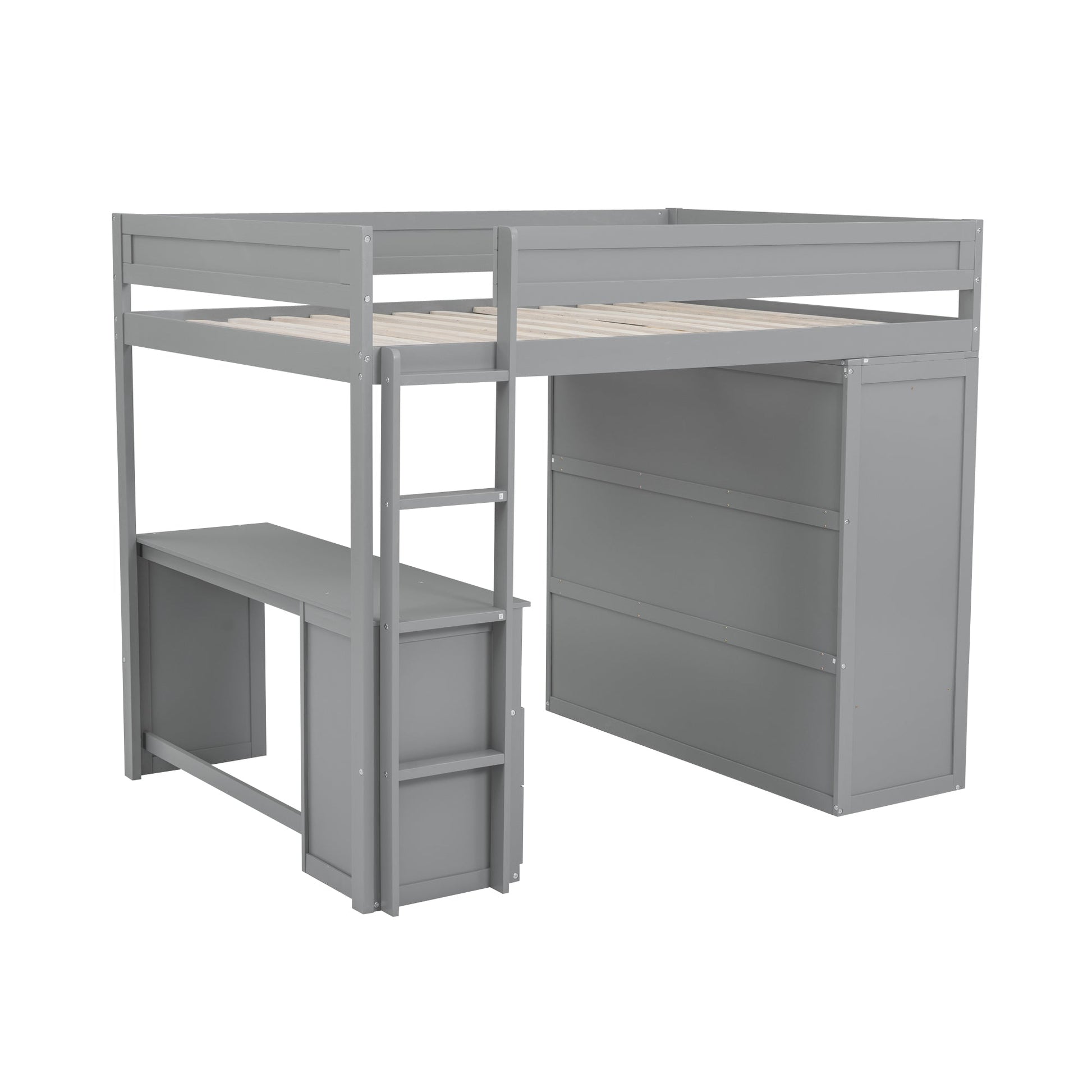 Wood Full Size Loft Bed with Wardrobes and 2-Drawer Desk with Cabinet  Gray - Korvel