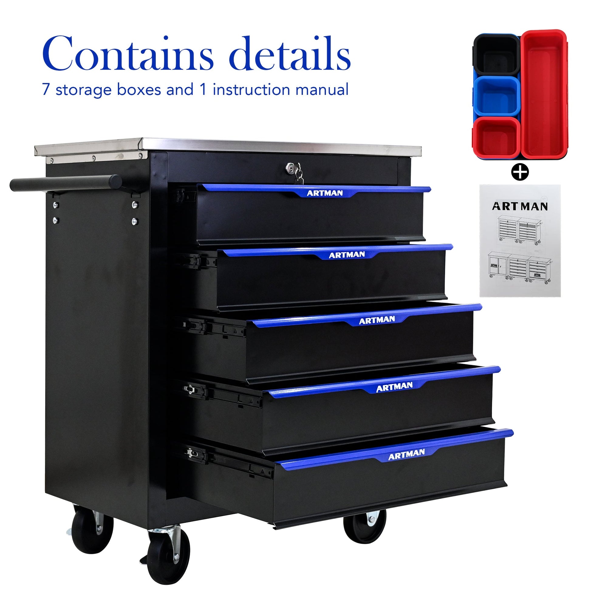 5 DRAWERS MULTIFUNCTIONAL TOOL CART WITH WHEELS-BLACK+BLUE - Korvel