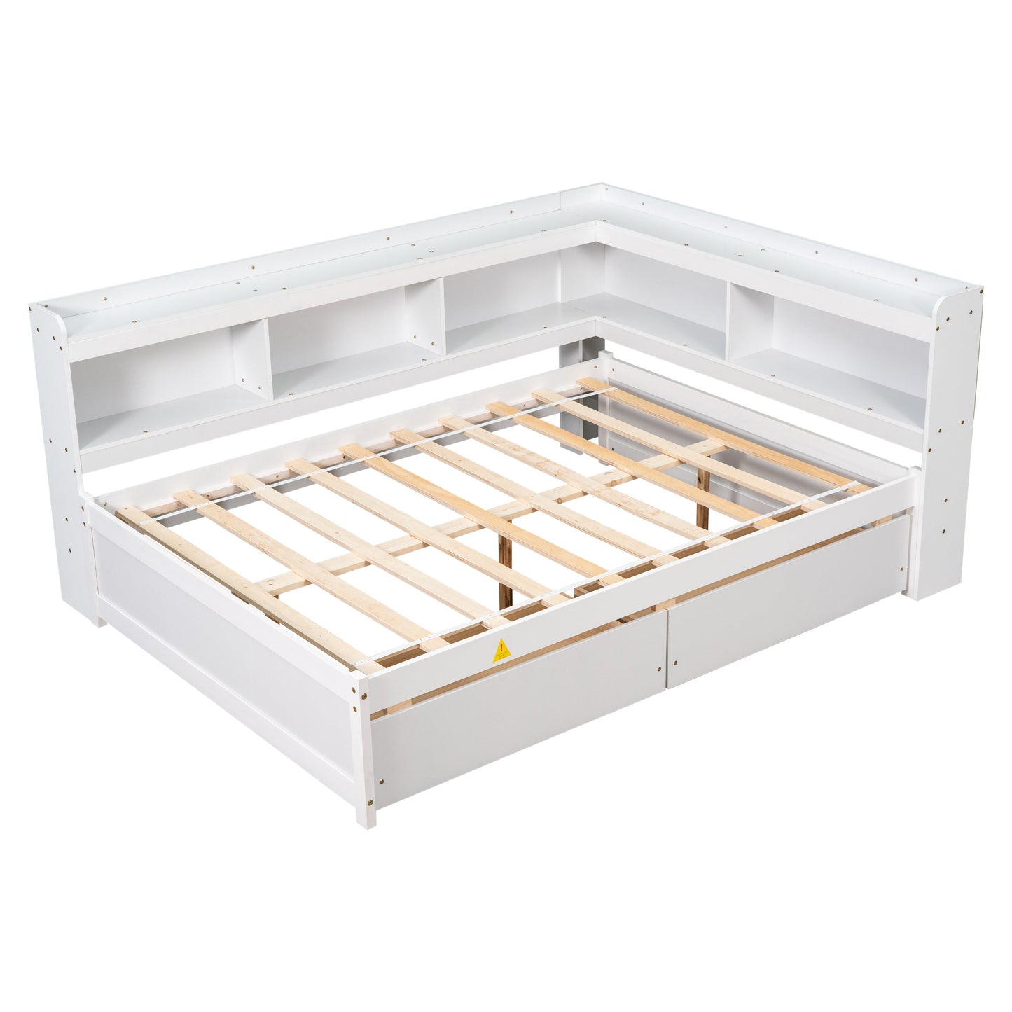 Elegant Full Bed with L-shaped Bookcases and Drawers in White