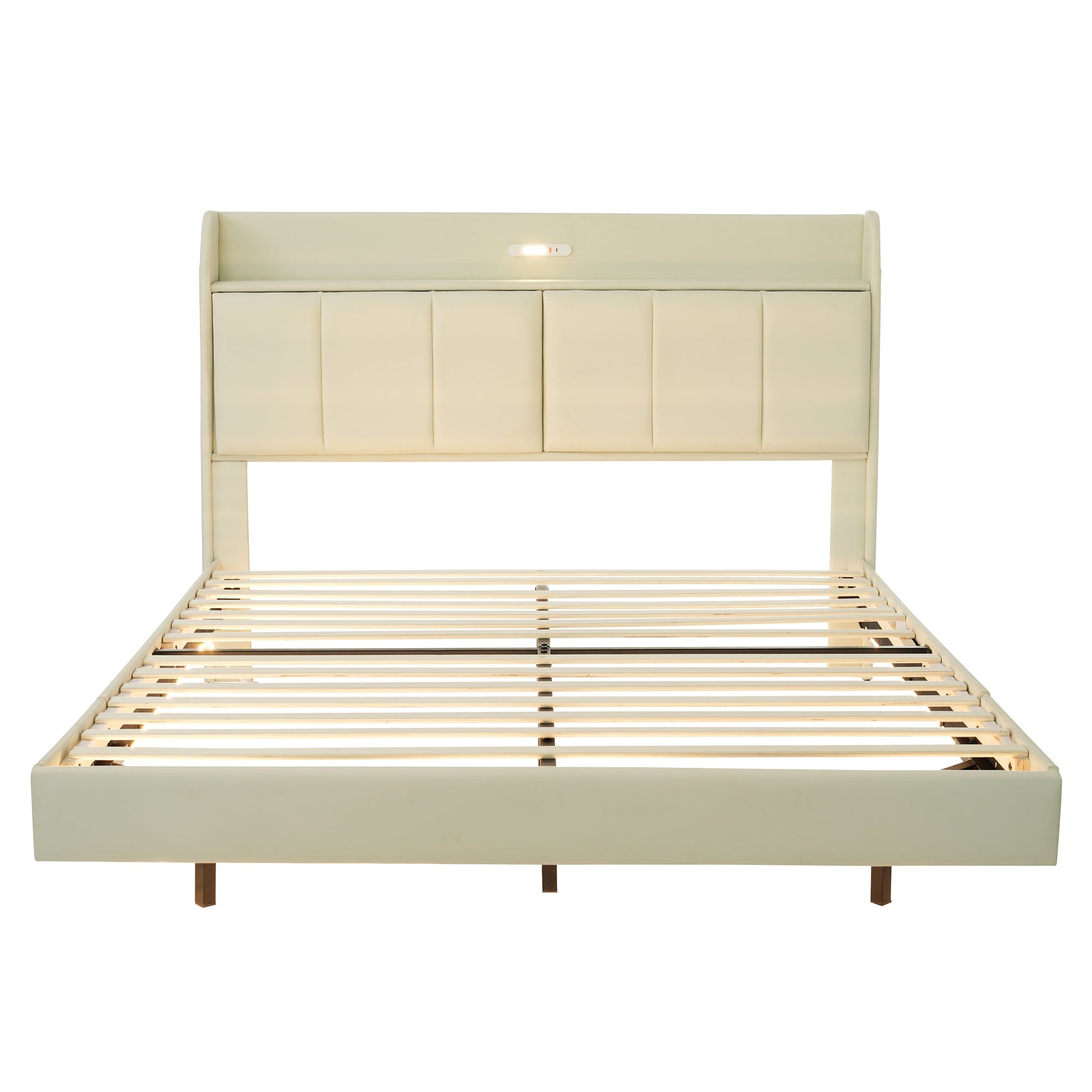 Large floating bed frame with storage headboard, touch sensor, night light and USB charger, padded platform bed, beige color - Korvel