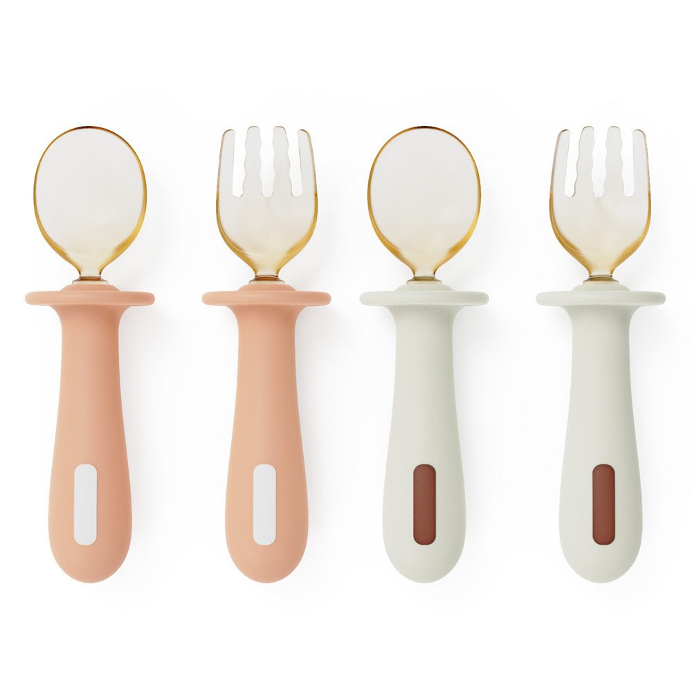 Adjustable color PPSU silicone fork and spoon set, children's stainless steel spoon and fork, baby training supplementary food tableware set of 2 pieces - Korvel