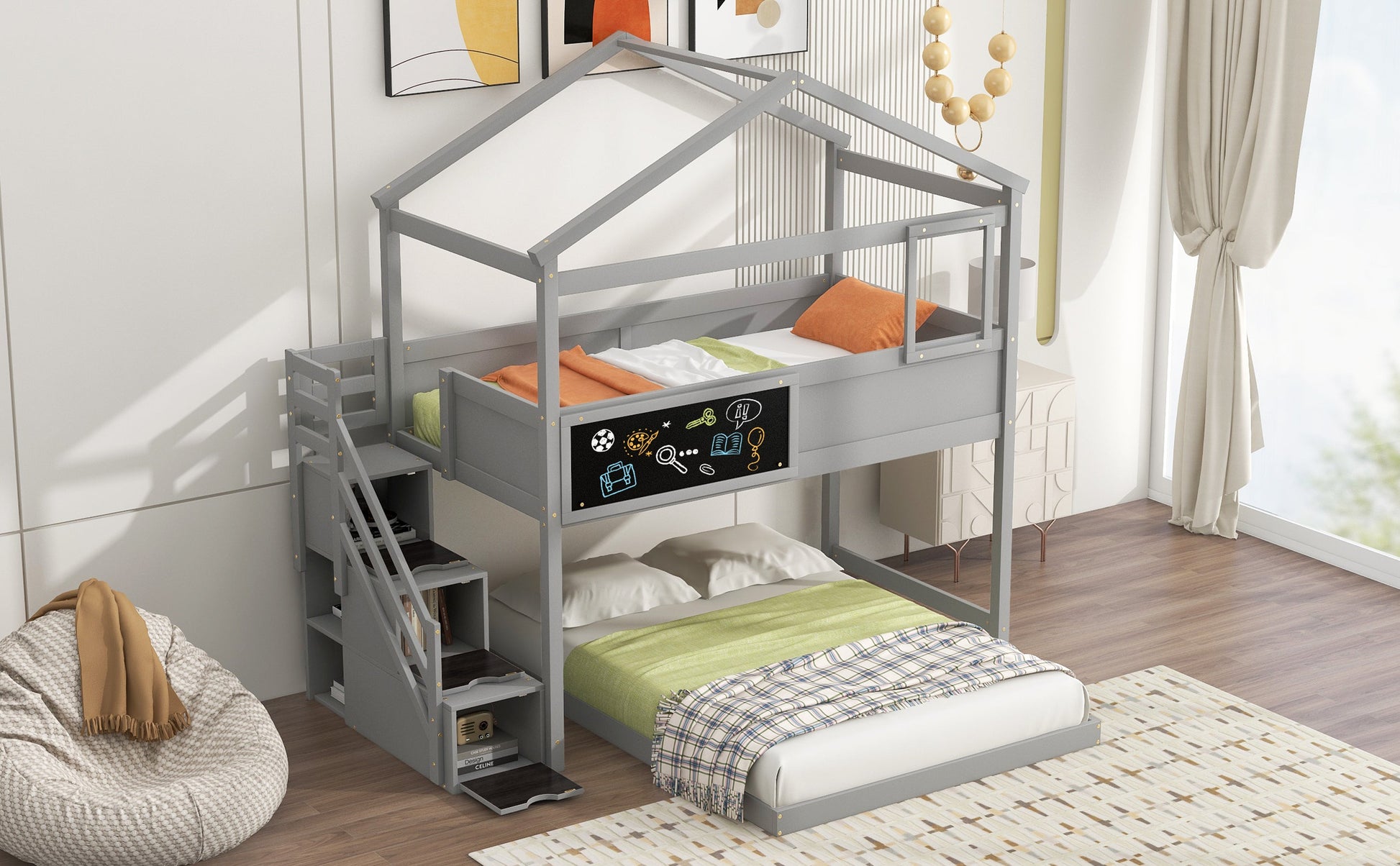 Twin over Full House Bunk Bed with Storage Staircase and Blackboard Gray - Korvel