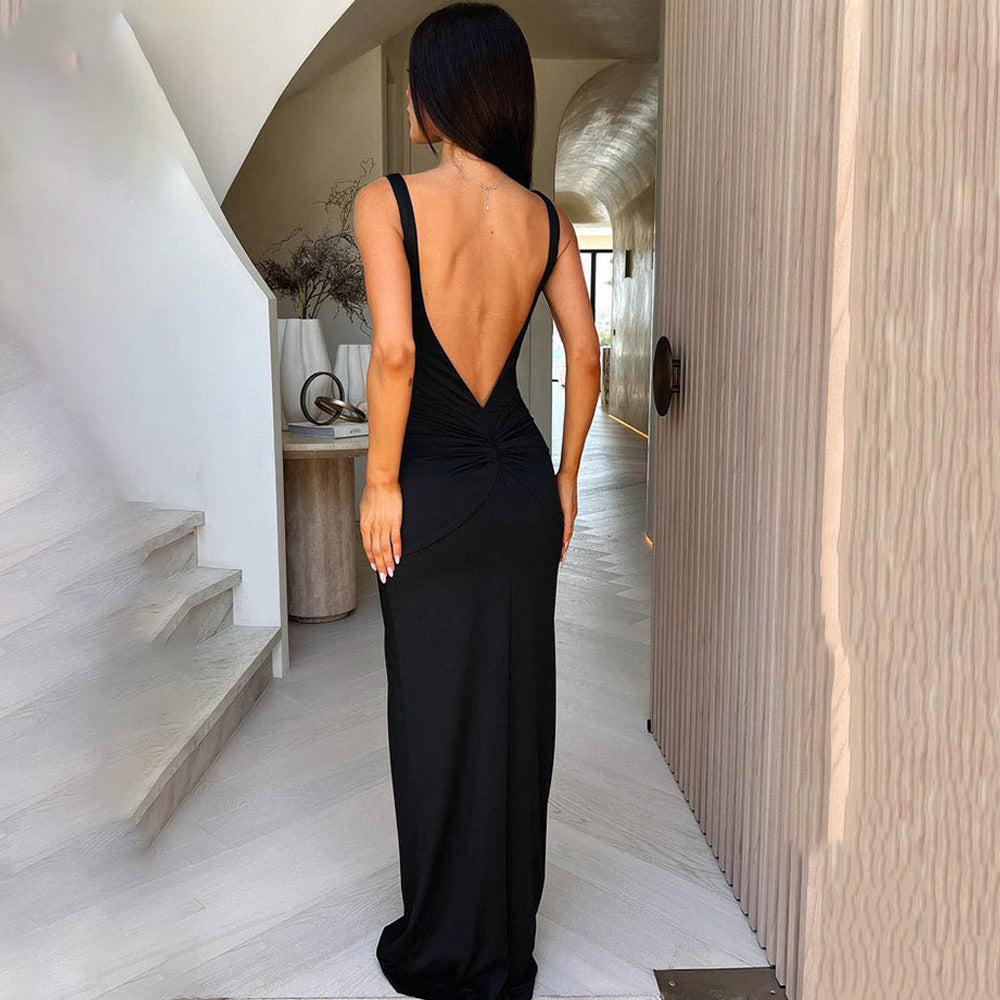 Style Strap Long Dress Women's Sexy Backless Hollow Pleated Dress - Korvel