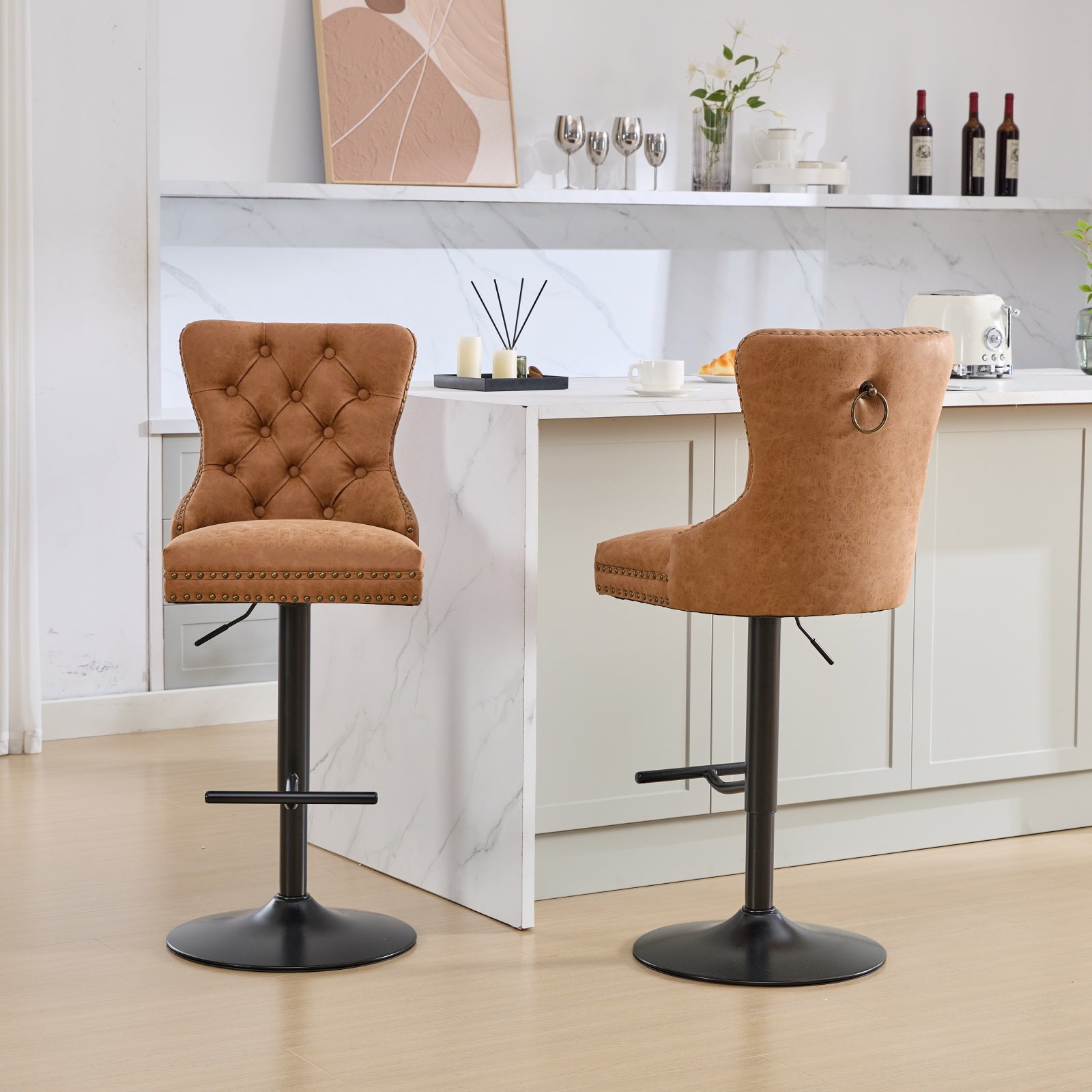 Vintage PU rotating bar stool, seat height adjustable from 25-33 inches, modern bar stool (orange, 2-piece set) - Korvel