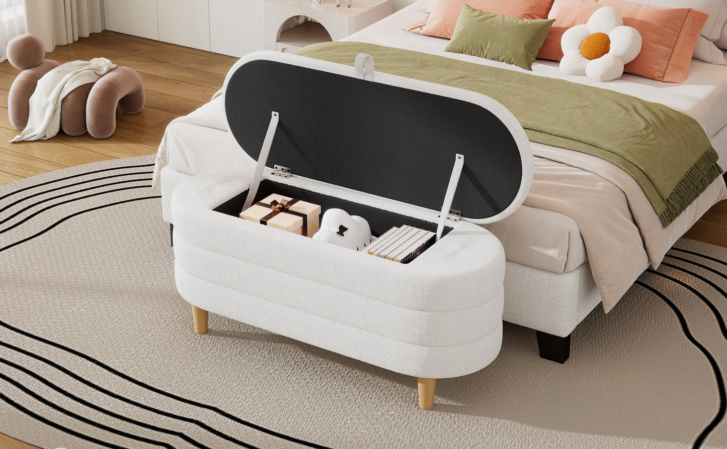Ottoman de rangement en tissu sherpa élégant avec pieds en bois