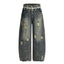 Punk Retro Washed Distressed Denim Wide-Leg Pants Men's Trendy Unique Design Loose Fit Flared Trousers - Korvel