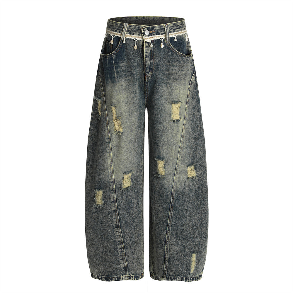 Punk Retro Washed Distressed Denim Wide-Leg Pants Men's Trendy Unique Design Loose Fit Flared Trousers - Korvel