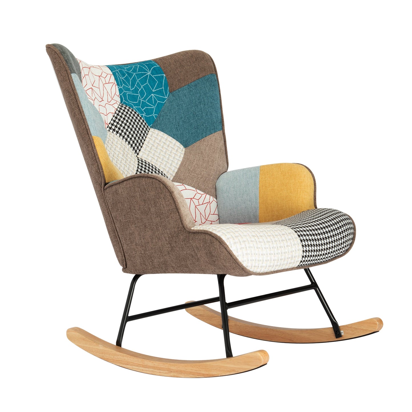 Mid Century Rocking Chair with Ottoman - Patchwork Linen