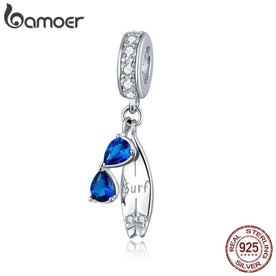 bamoer 2020 Summer Series Surfing with Sunglass Pendant Charm for Bracelet 925 Sterling Silver DIY Jewelry Accessories BSC263 - Korvel