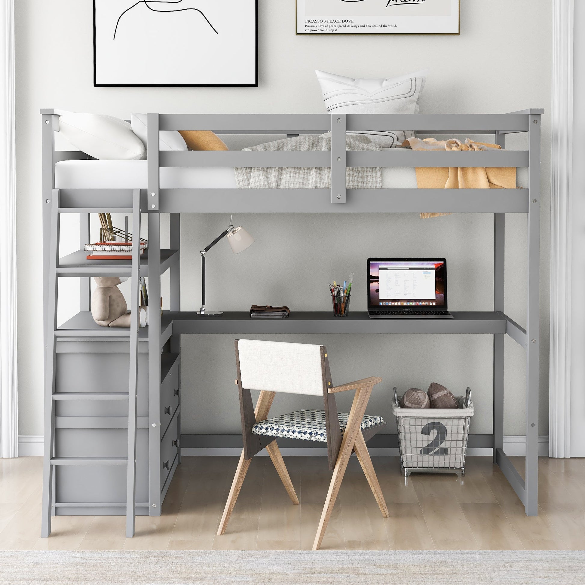 Twin Size Loft Bed with Desk and Shelves, Two Built-in Drawers, Gray - Korvel