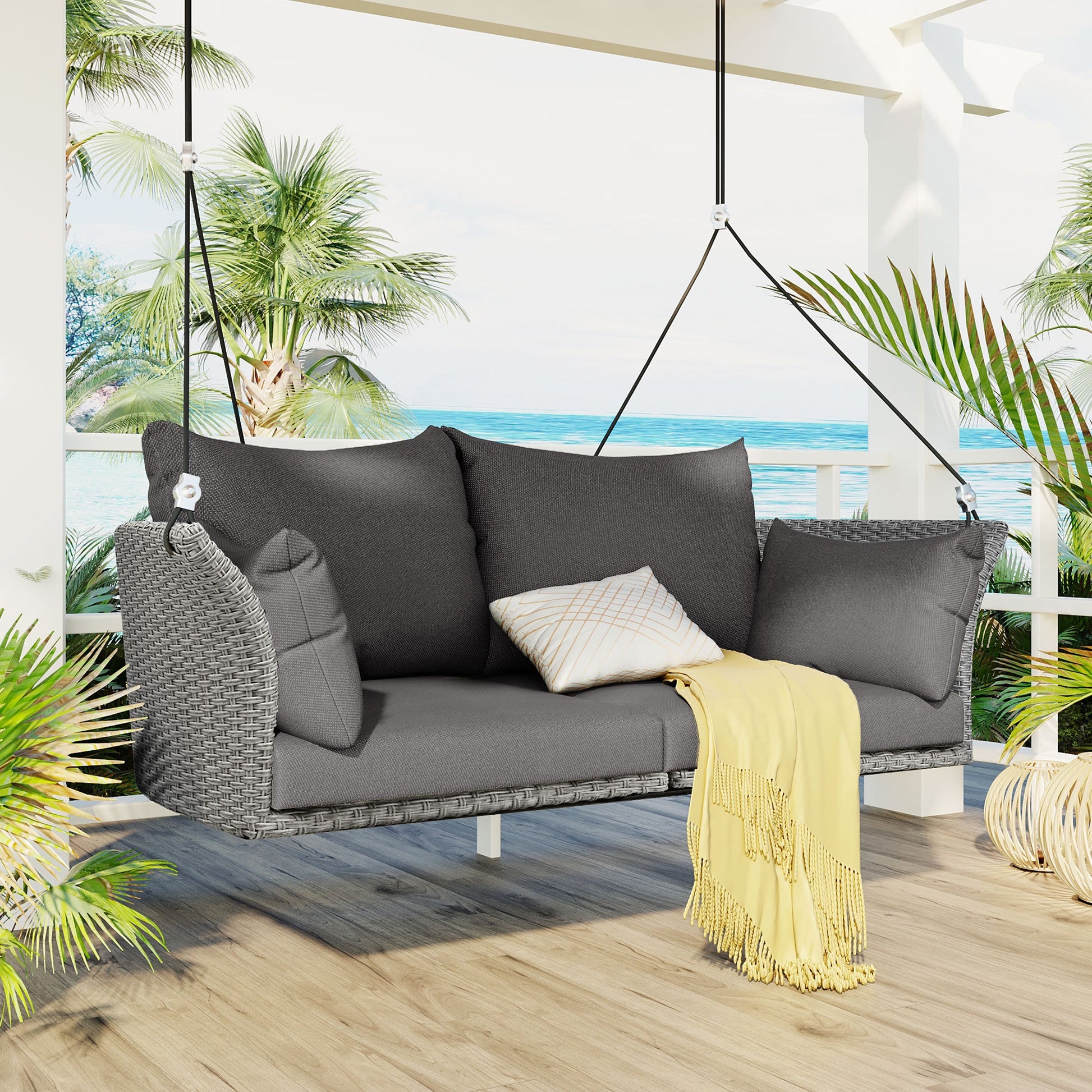 GO 51.9" 2-Person Hanging Seat, Rattan Woven Swing Chair, Porch Swing With Ropes, Gray Wicker And Cushion - Korvel