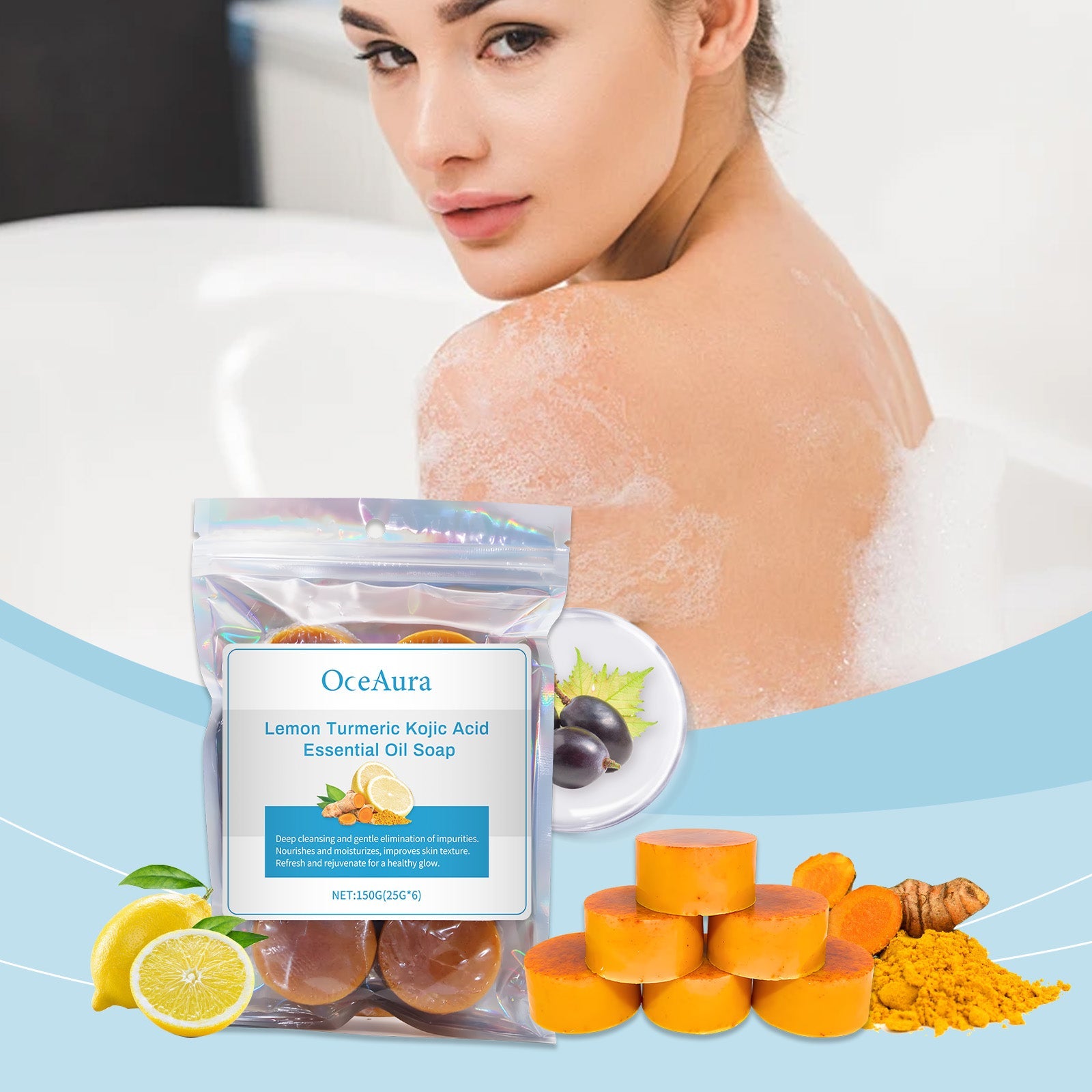 Lemon Turmeric Essential Oil Soap Cleans Skin Pores, Brightening Skin Body Bath Soap - Korvel