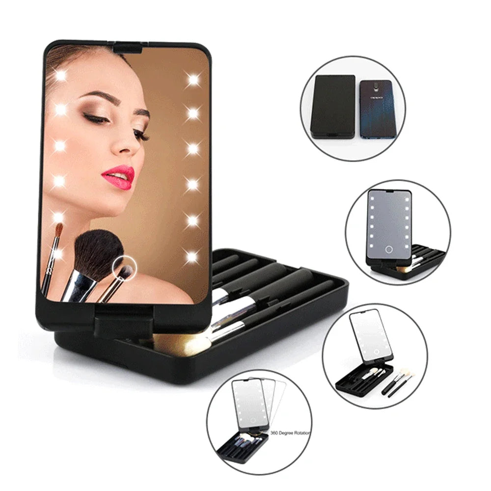 LED Folding Rotating Cosmetic Mirror with Brush Storage