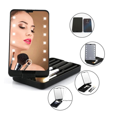 LED Folding Rotating Cosmetic Mirror with Brush Storage
