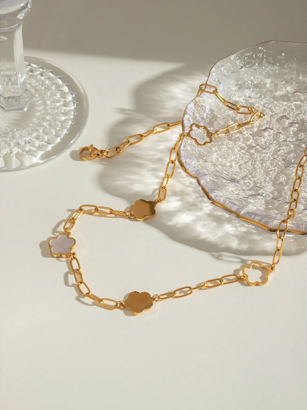 Stainless Steel White Mother-Of-Pearl Flower Necklace - Korvel