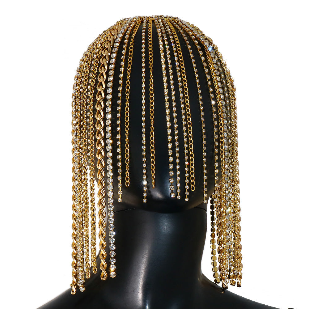 European and American style tassel hair chain punk style metal chain rhinestone hair accessory exaggerated headband hair chain - Korvel