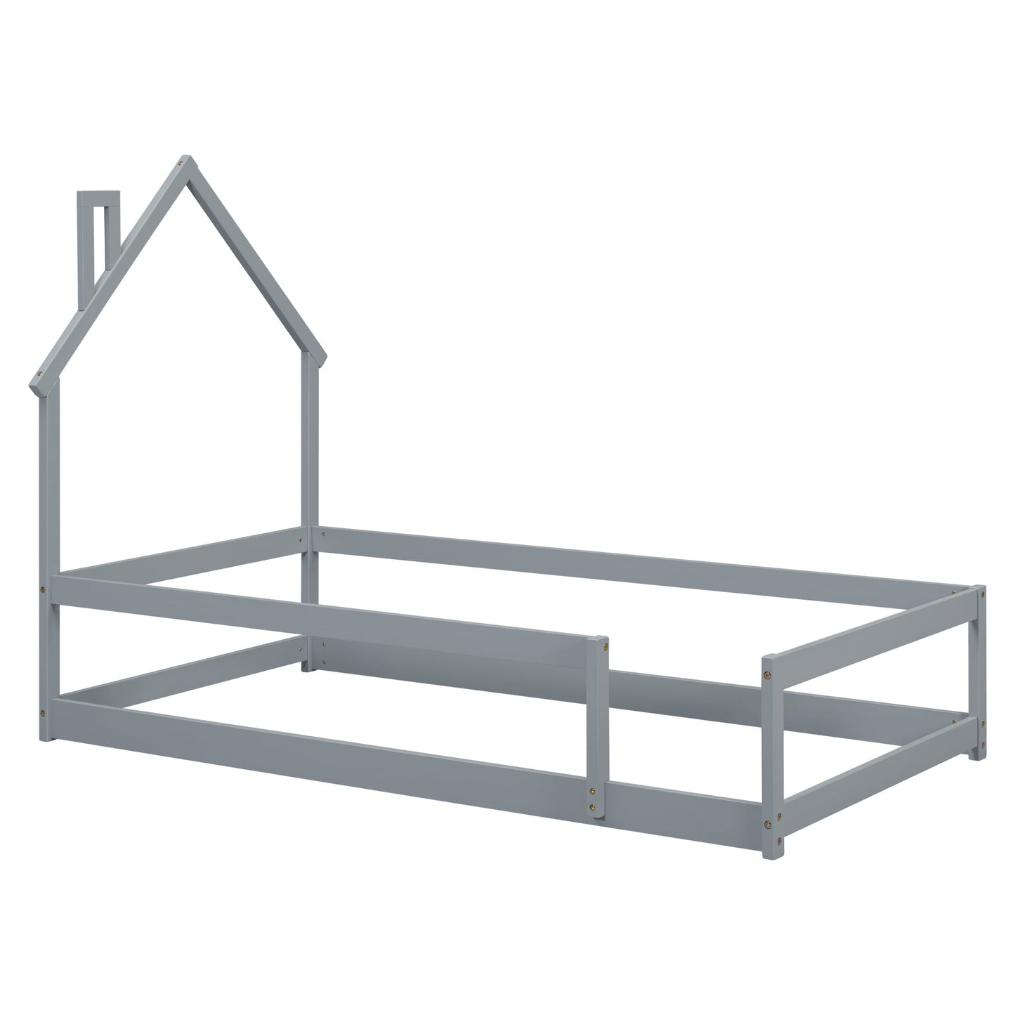 Lit simple taille jumeau en bois gris avec tête de lit en forme de maison