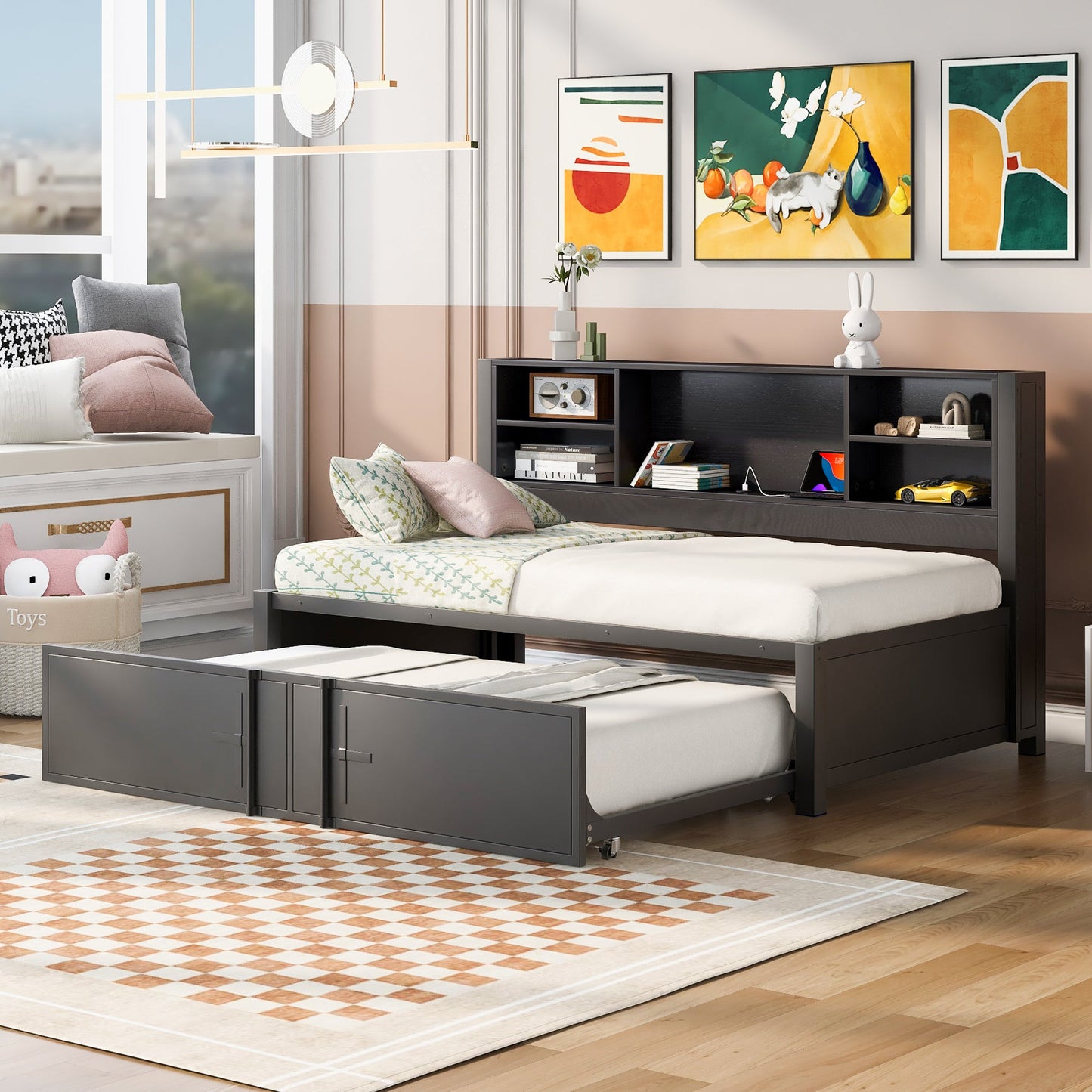 Metal Twin Size Daybed with Trundle, Storage & USB Ports - Black