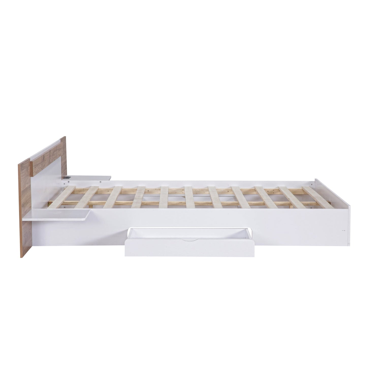Queen Size Platform Bed with Headboard, Drawers, Shelves, USB Ports and Sockets  White - Korvel
