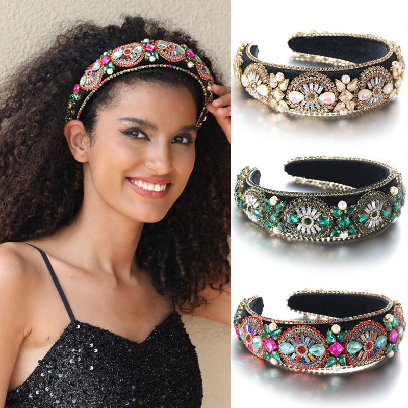 Super Sparkling Colored Diamond Pearl Baroque Retro Women's Sponge Head Hoop - Korvel