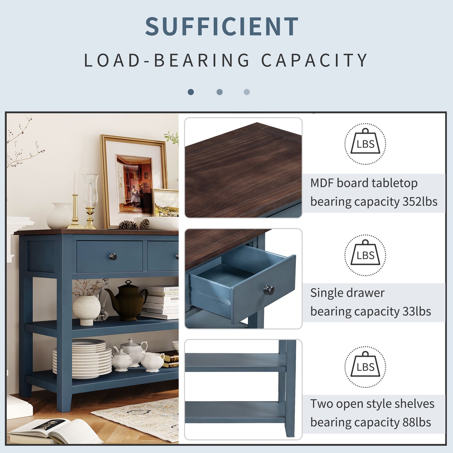 Retro Design Console Table with Two Open Shelves, Pine Solid Wood Frame and Legs for Living Room (Antique Navy+Espresso) - Korvel