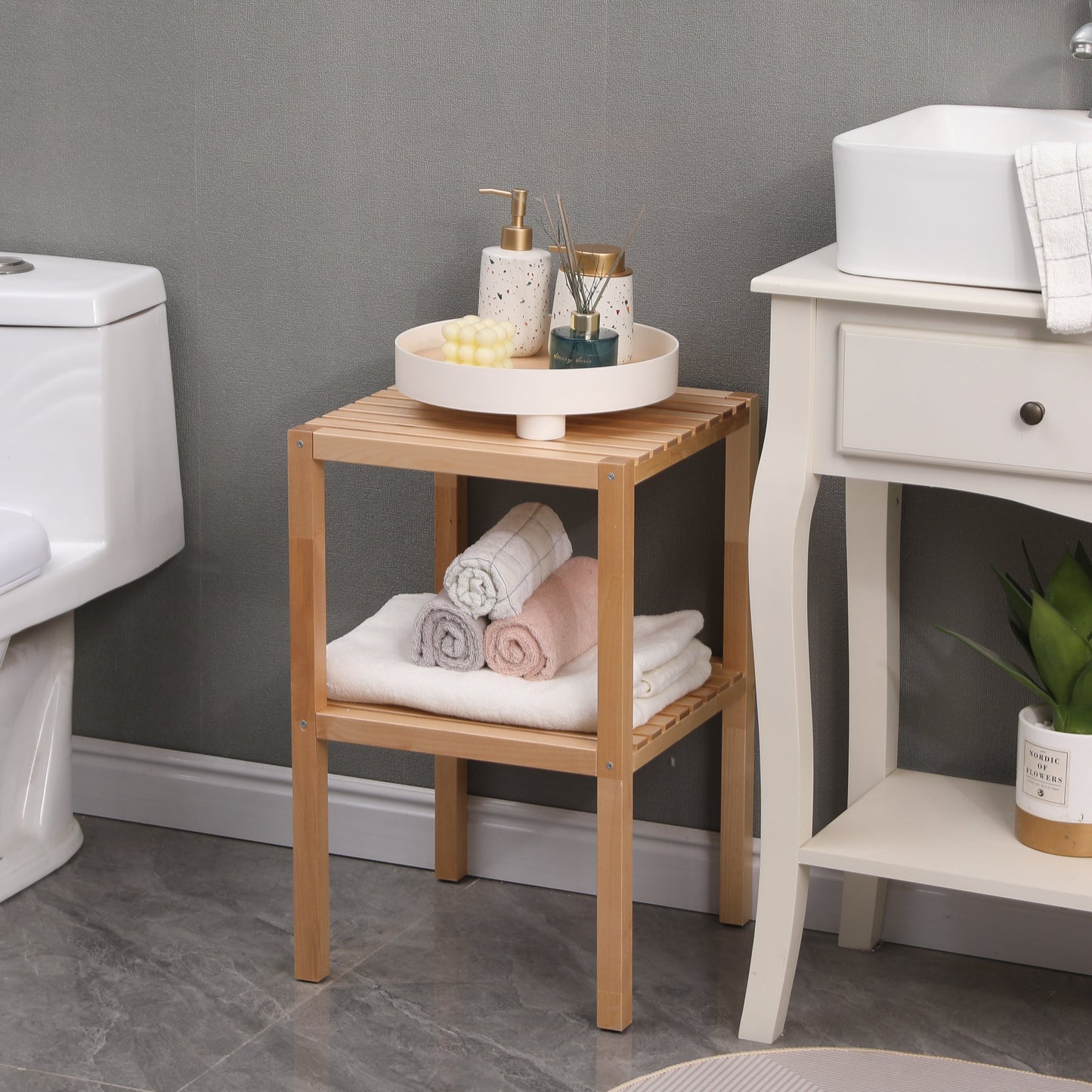 Étagère de salle de bain d'angle en bouleau à 2 niveaux - Unité de rangement en bois naturel