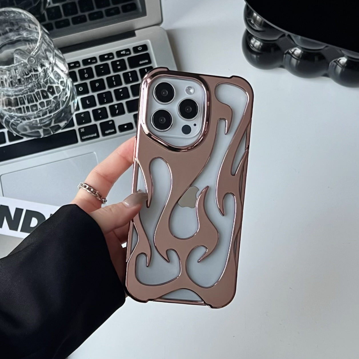 Electroplated hollow flame pattern phone case suitable for iPhone 15 Pro, simple all inclusive, Apple 14 anti drop protective cover - Korvel