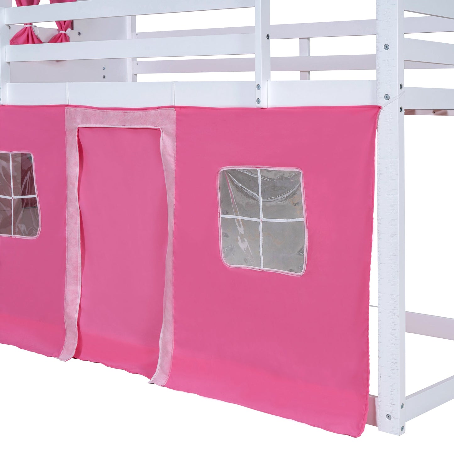 Elegant Twin Size Bunk Wood House Bed in Pink and White