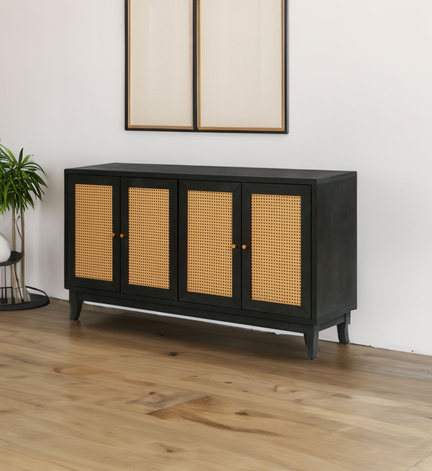 Handcrafted Premium Grain Panels Rattan Sideboard Buffer Cabinet Accent Storage Cabinet With 4 Rattan Doors BLACK - Korvel