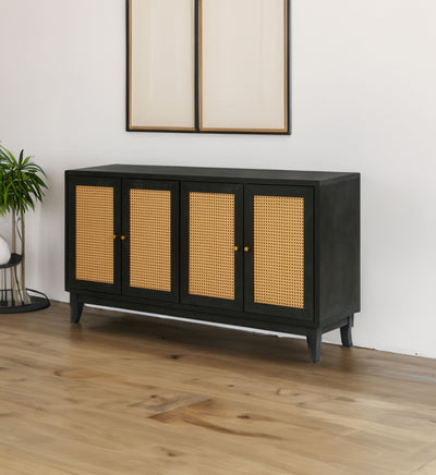 Handcrafted Premium Grain Panels Rattan Sideboard Buffer Cabinet Accent Storage Cabinet With 4 Rattan Doors BLACK - Korvel