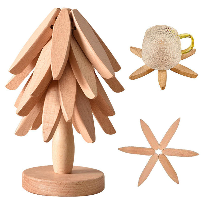 Tree-Shaped Wooden Trivet Set with Stand - 4 Pieces