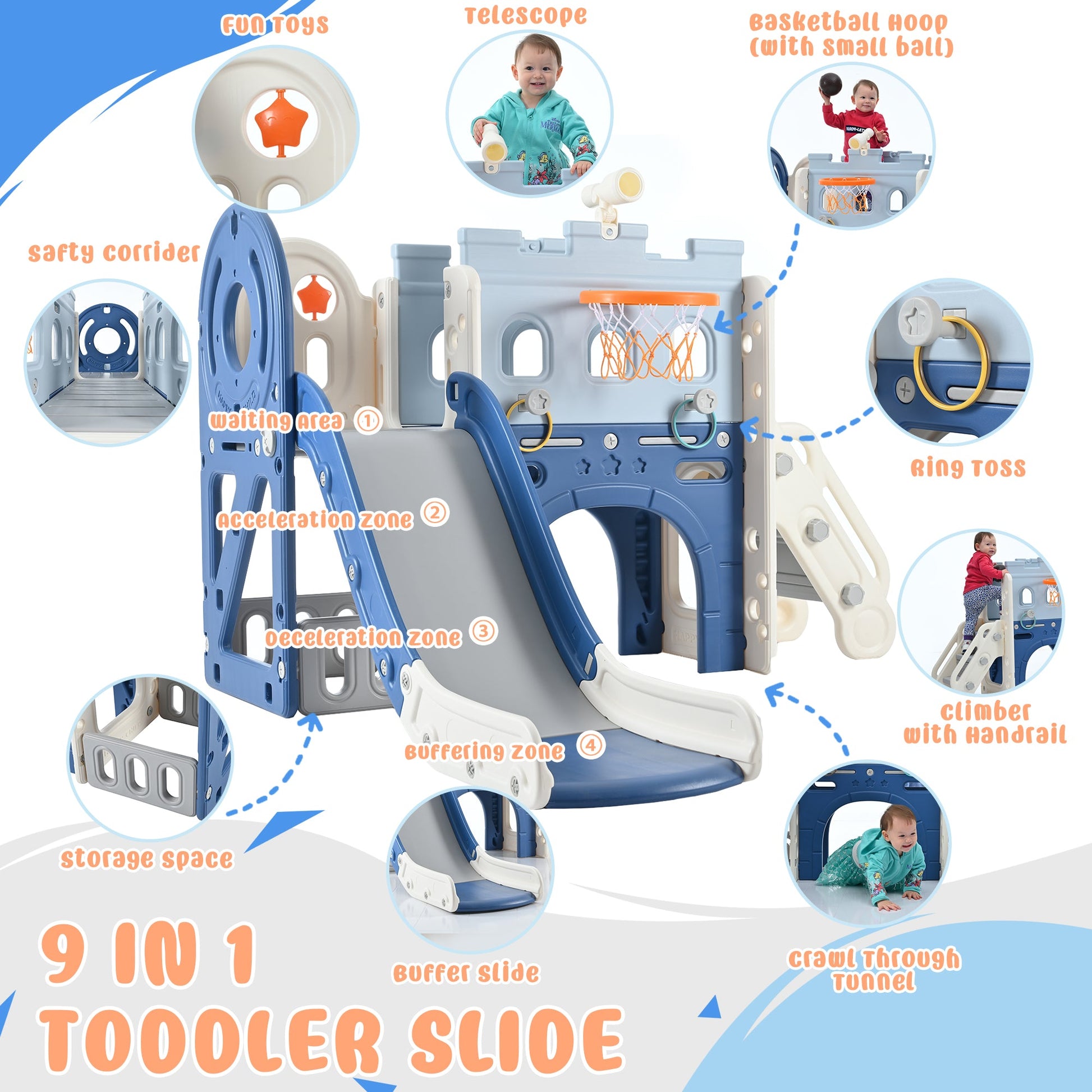 9-1 Toddler Slide Set,Kids Slide for Toddlers Ages 1+, Basketball Hoop, Tunnel and Storage Space, Pirate Ship Themed Slide - Korvel