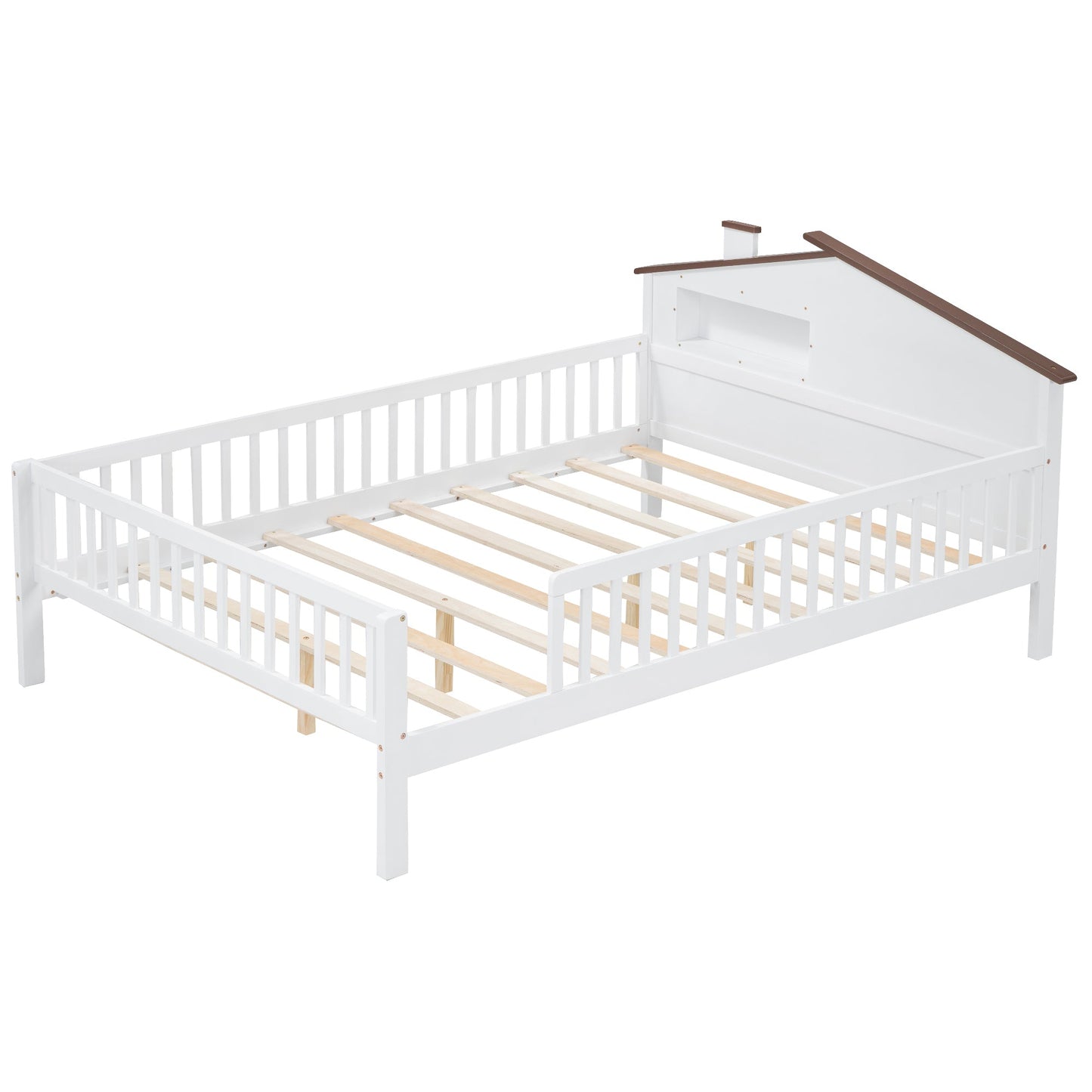 Full Size Wood Platform Bed with House-shaped Headboard, LED and Built-in Storage, White - Korvel