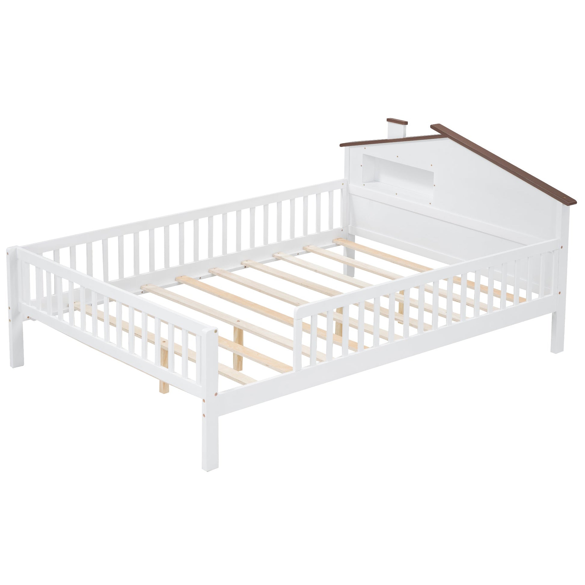 Full Size Wood Platform Bed with House-shaped Headboard, LED and Built-in Storage, White - Korvel