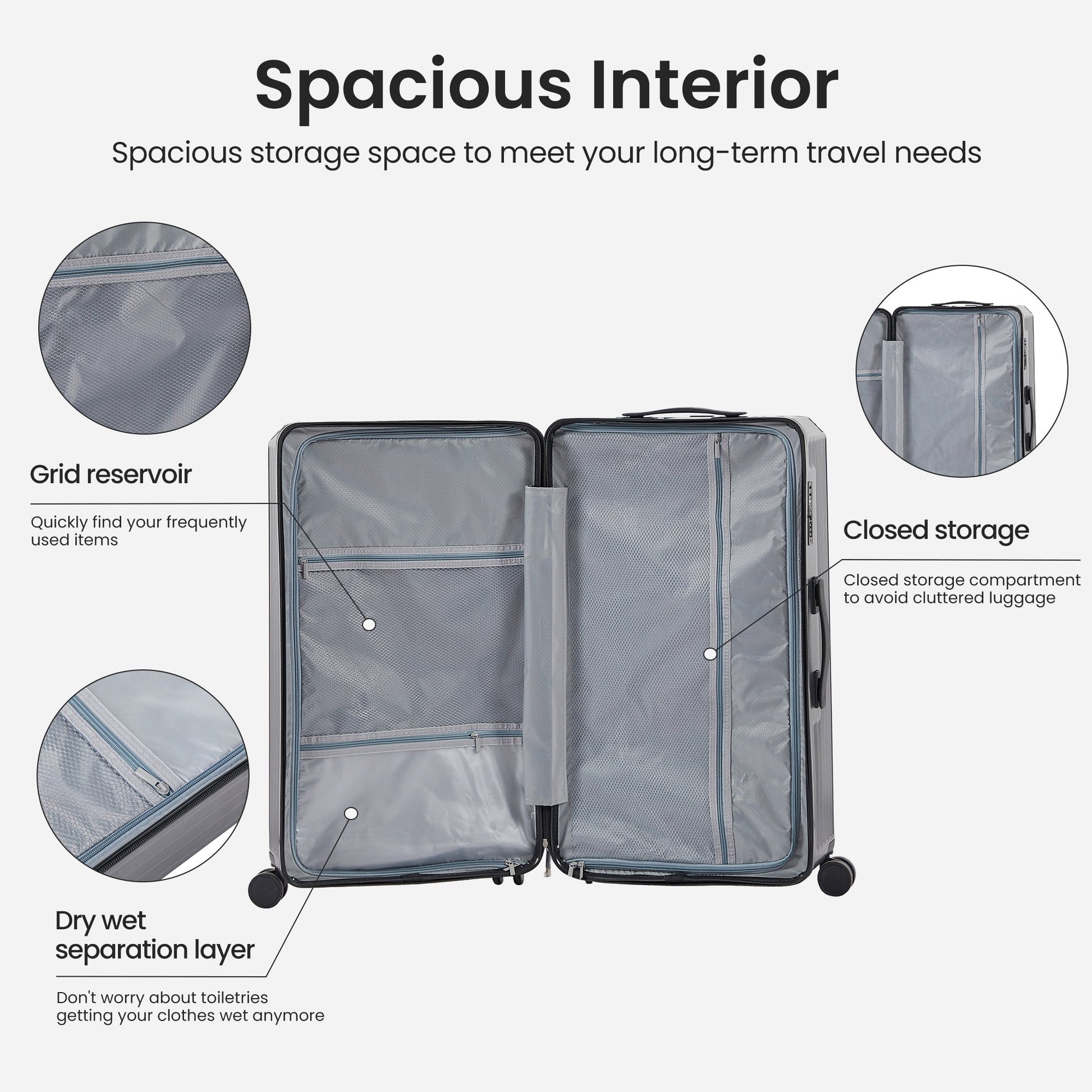 Luggage Set 4 pcs (20"/24"/29"/Travel Bag), PC+ABS Durable Lightweight Luggage with Collapsible Cup Holder, TSA Lock, Gray - Korvel