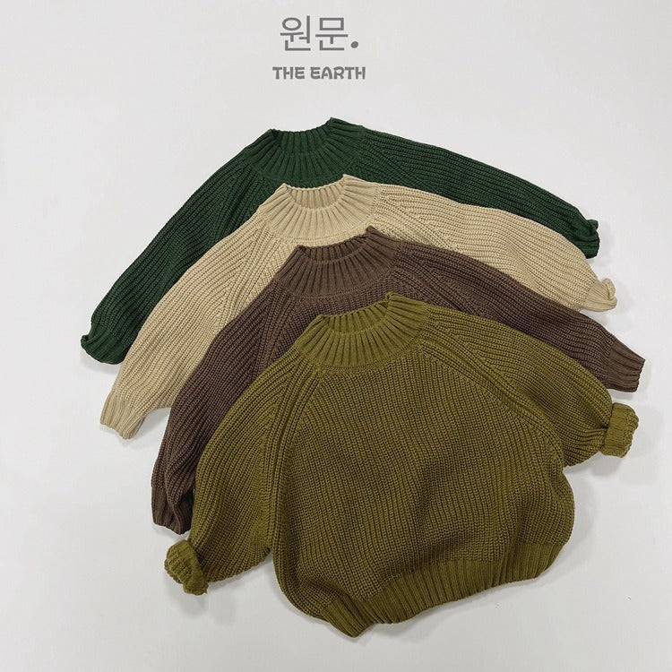 New Children Vintage Knitted Sweater Baby Girl Solid Casual Knitwear Boys Loose Versatile Pullover Kids Thicken Warm Tops - Korvel
