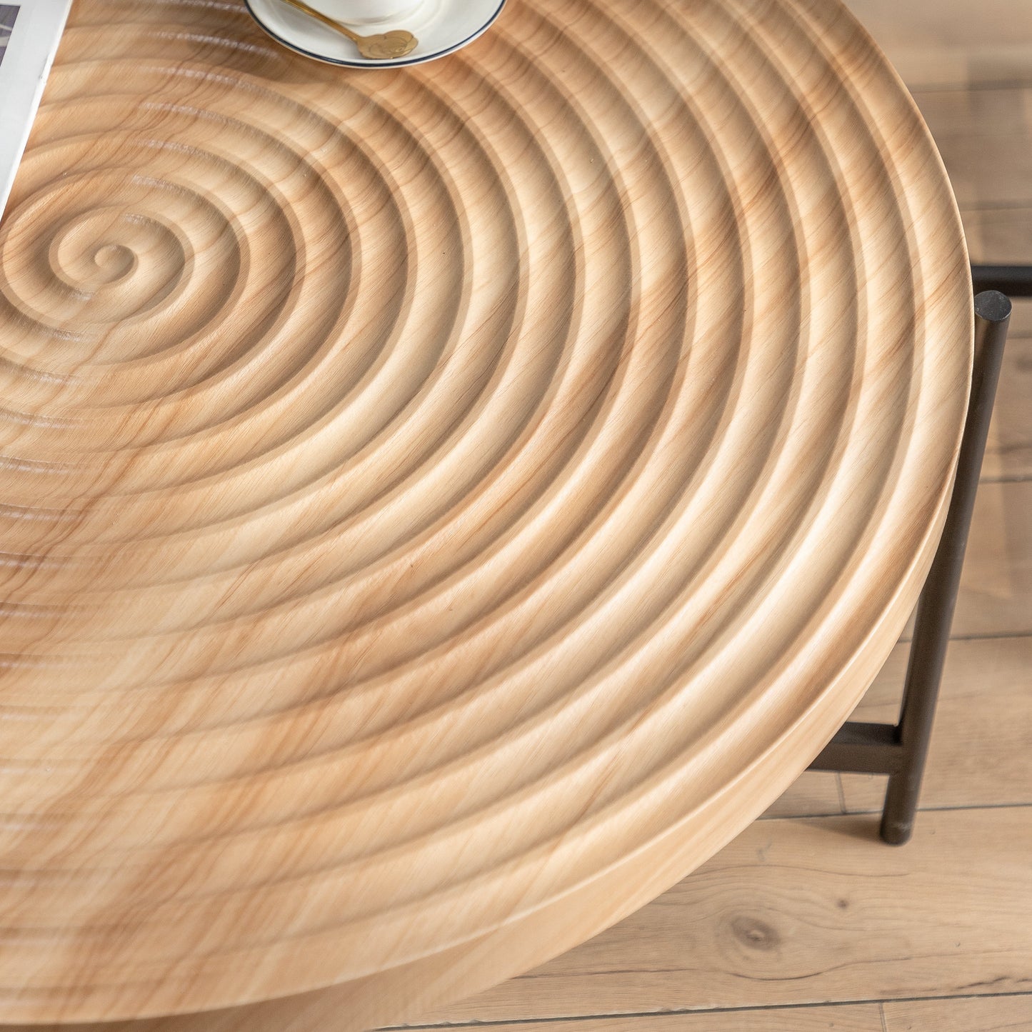 33"Modern Thread Design Round Coffee Table MDF Table Top with Cross Legs Metal Base - Korvel
