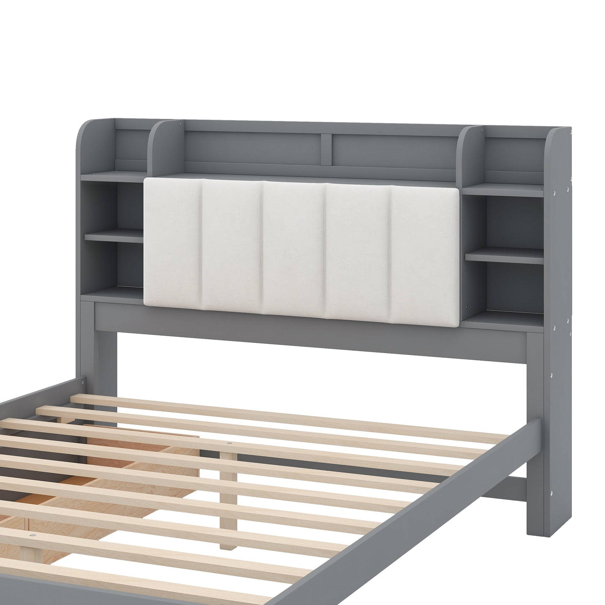Wood Queen Size Platform Bed with Storage Headboard  Shelves and 2 Drawers  Gray - Korvel