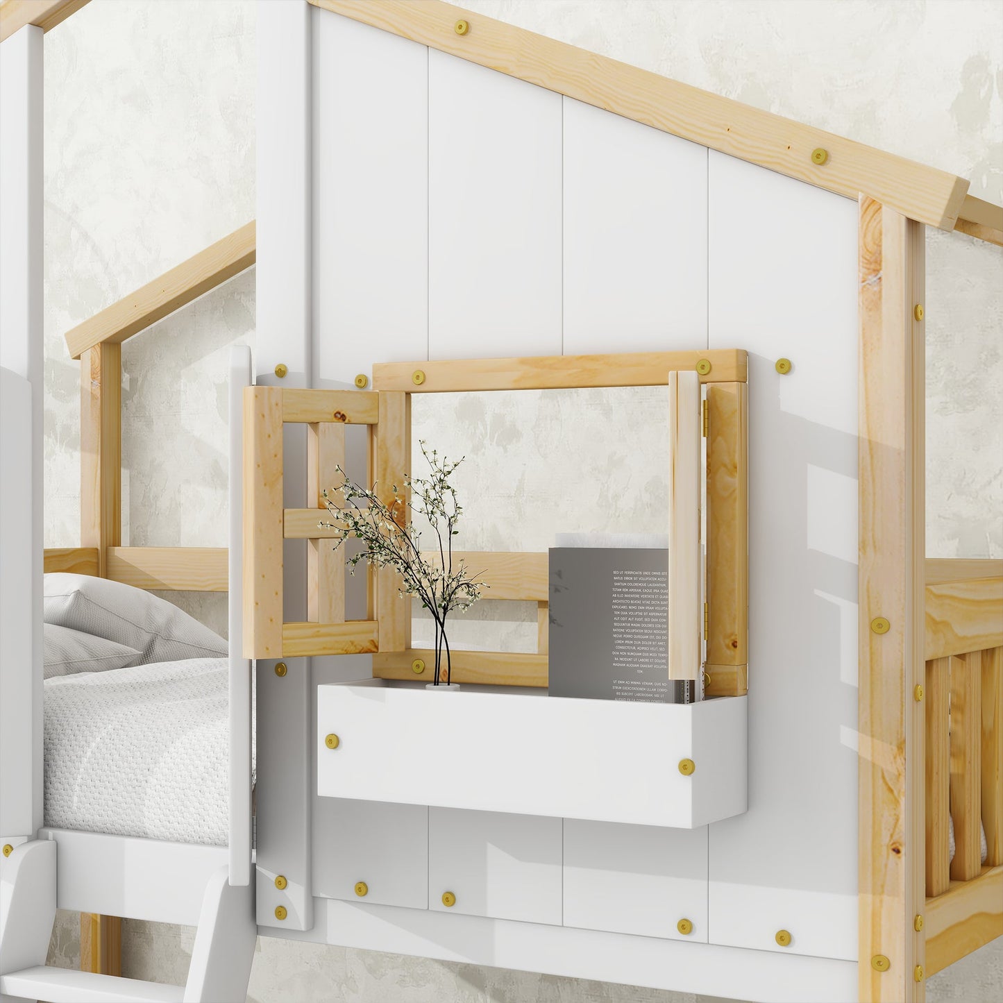 Twin over Twin House Bunk Bed with Roof , Window, Window Box, Door , with Safety Guardrails and Ladder, Natural/White - Korvel