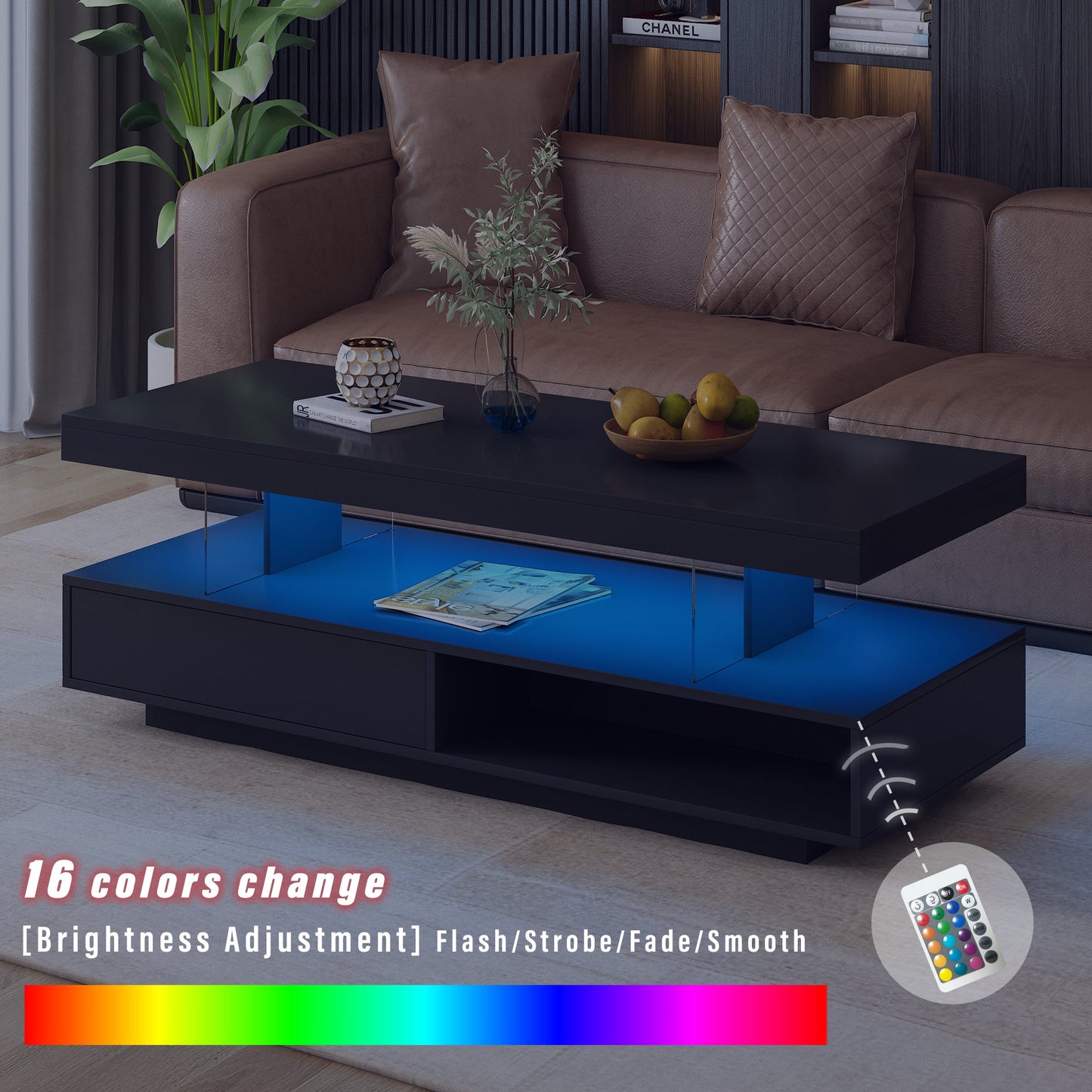 U-Can LED coffee table with storage space, modern central table with 2 drawers and display rack, equipped with LED lights, black - Korvel