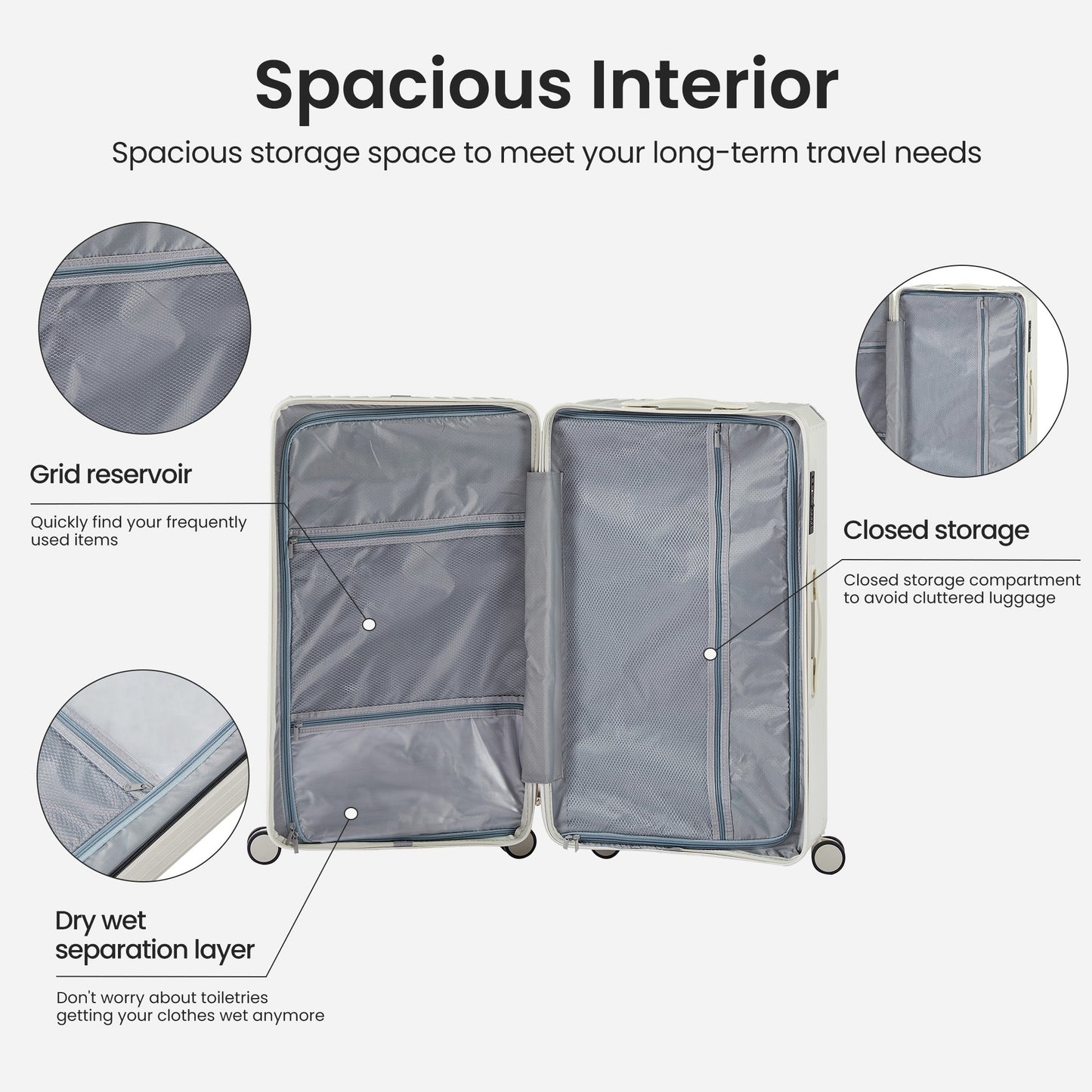 Luggage Set 4 pcs (20"/24"/29"/Travel Bag), PC+ABS Durable Lightweight Luggage with Collapsible Cup Holder、 TSA Lock, White - Korvel