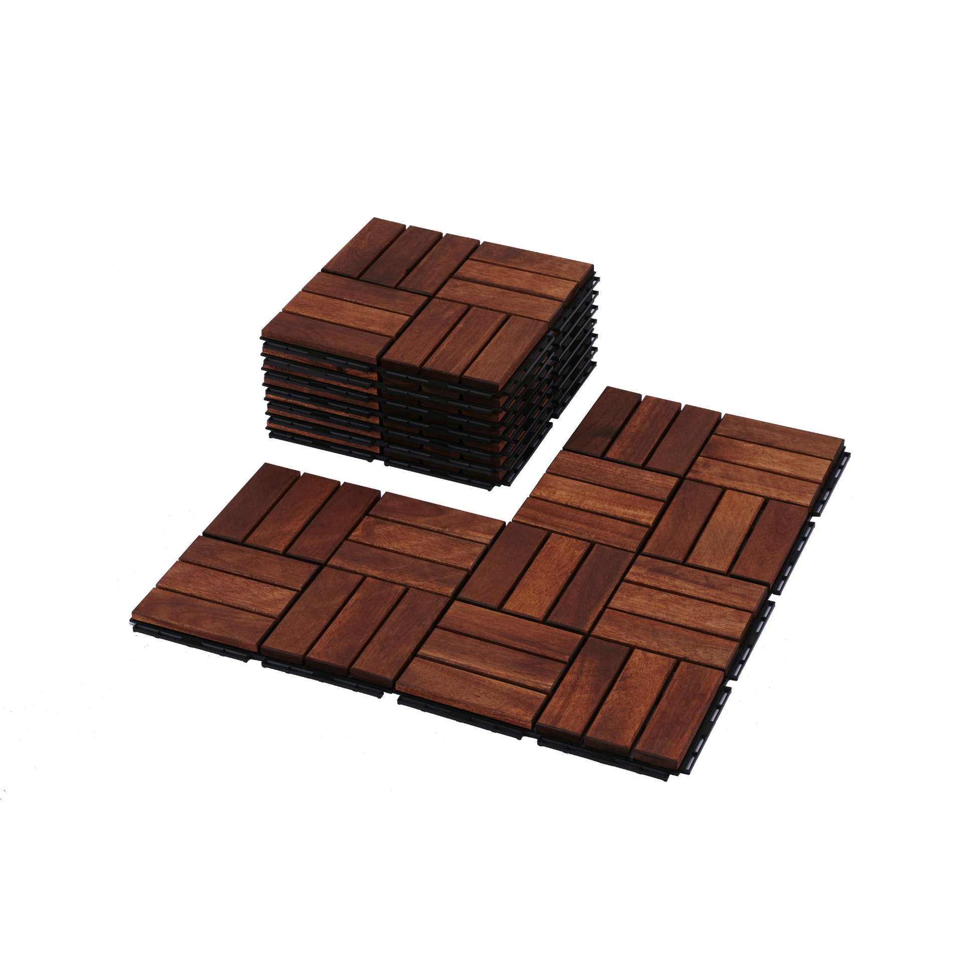 Acacia interlocking deck tile grid pattern, 10 pieces of 12 inch x 12 inch square brown Acacia hardwood outdoor flooring - Korvel