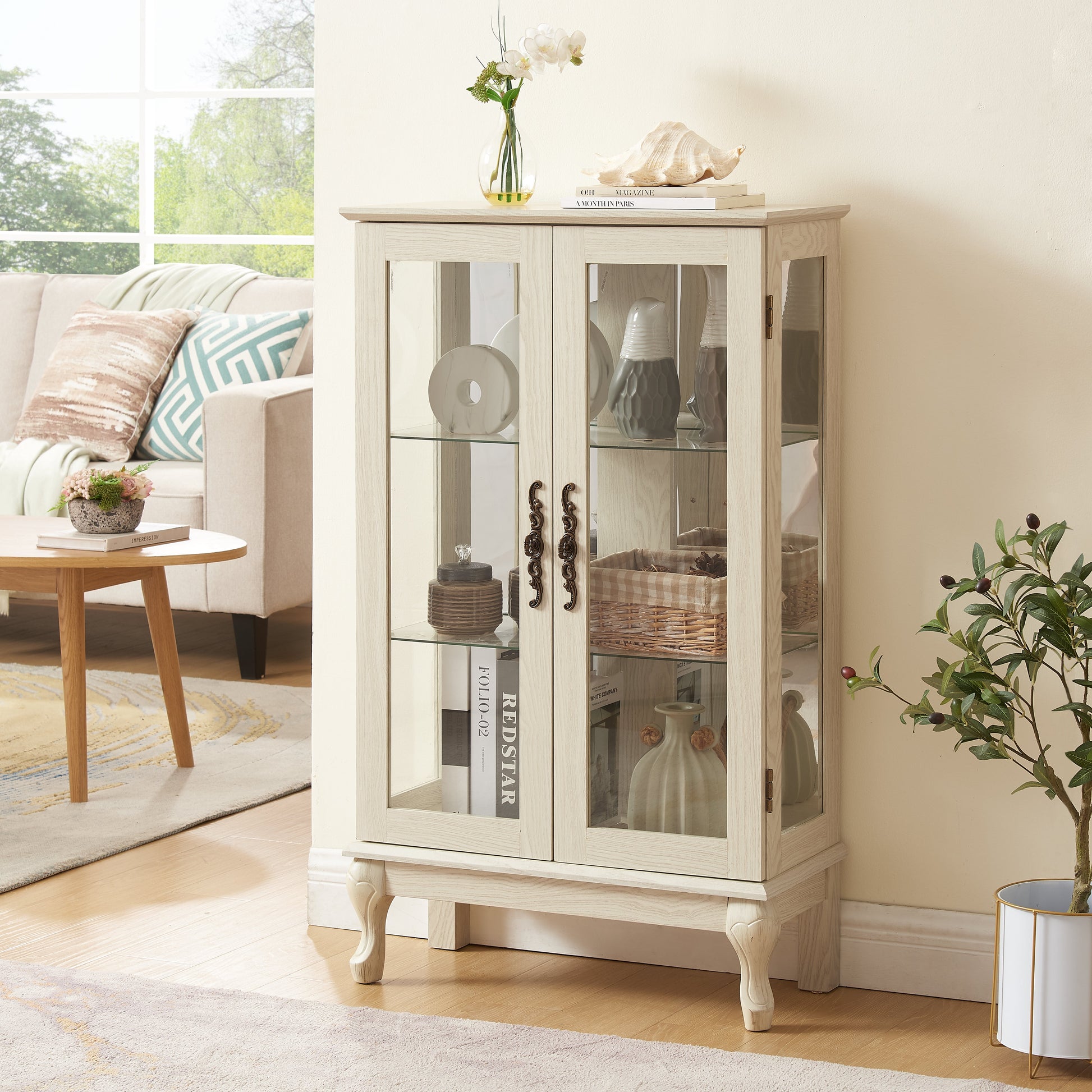 Dual door Curio cabinet with tempered glass door mirror back panel and adjustable shelf display cabinet with light bulbs, white - Korvel