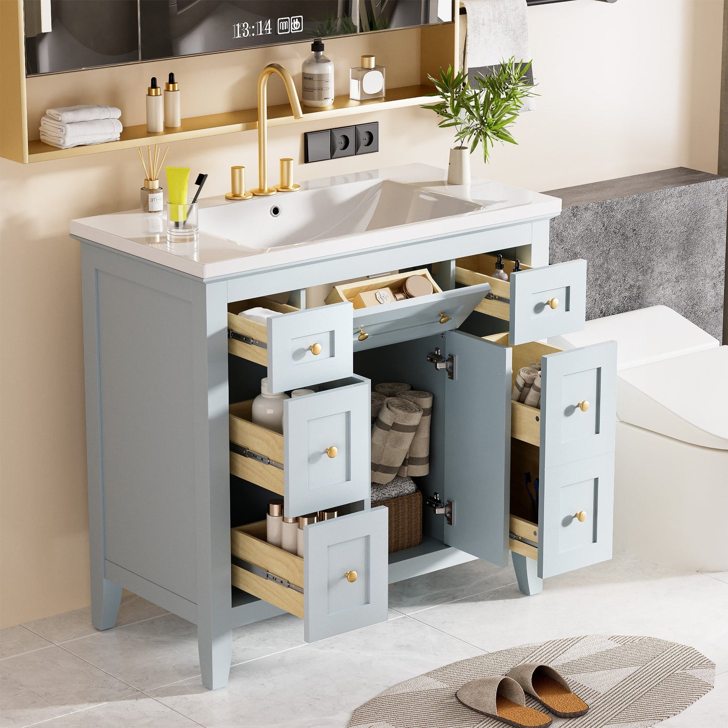 Meuble de salle de bain bleu clair de 36" avec évier en résine et rangement
