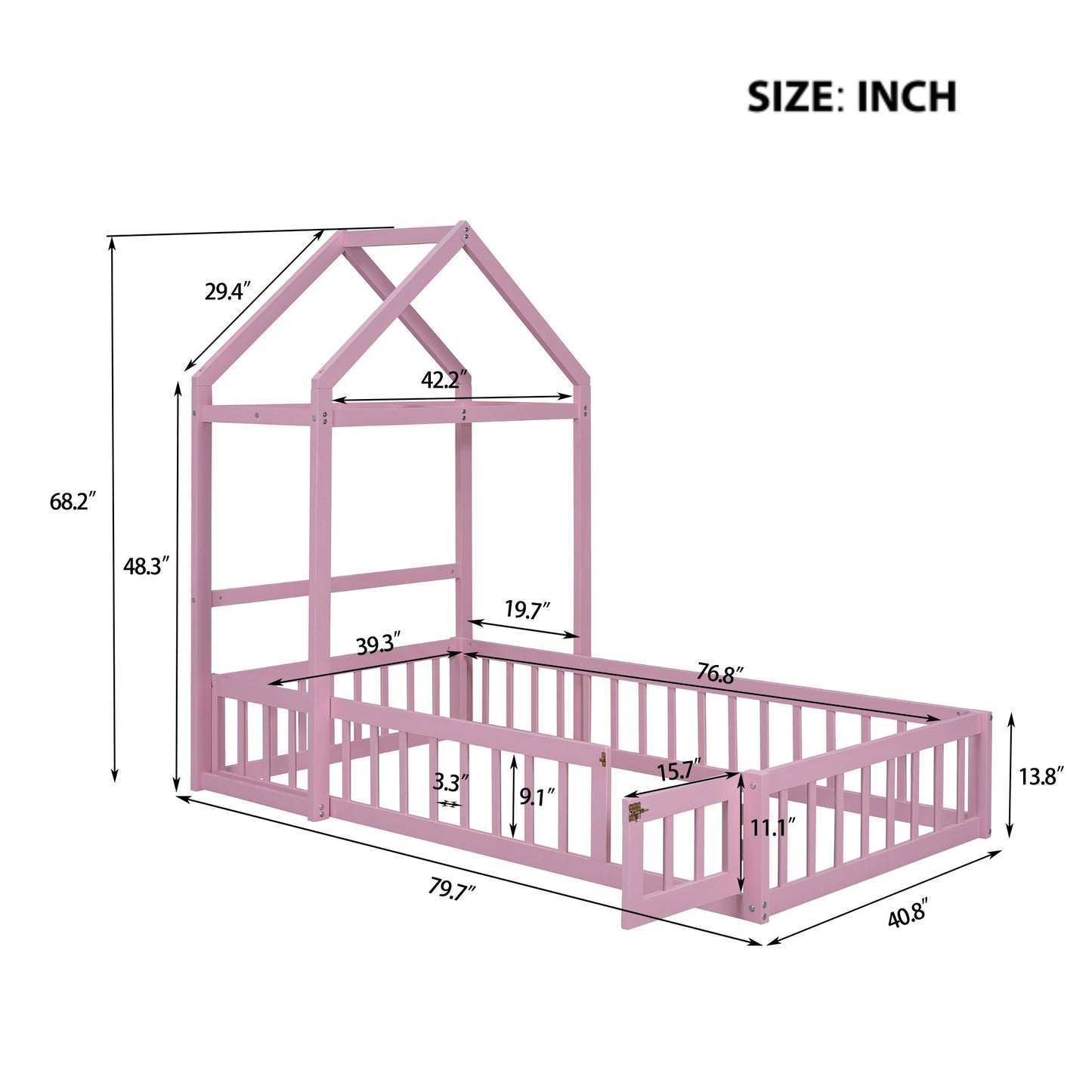Wooden Twin Size Children's Bed with Detachable Headboard, Pink